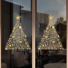 Large Merry Christmas Window Stickers Decorations - Gold Bauble & Lettering Design, Festive Shop Window Decorations for Holiday Display, Reusable Xmas Window Decorations (2 Gold Tree)