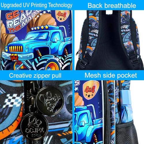 Image of HPJGD 3PCS Kids Truck Backpack for Boys, Water Resistant Bookbag Set with Lunch Box, Cool School Bag for Preschool Toddler - Blue Truck