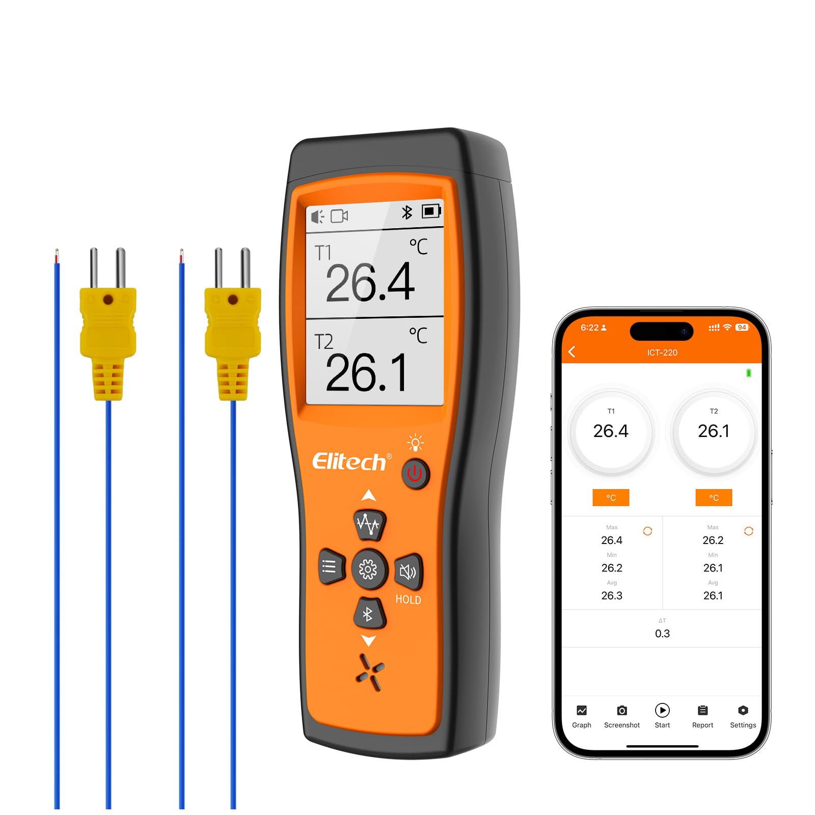 Bluetooth Thermocouple Thermometer Digital Temperature Data Logger K-Type, APP Real time Data, 5000 Points Capactiy(Optional),OTA Remote Firmware Upgrade, ADJ Compensation, 2 Channels HVAC Lab