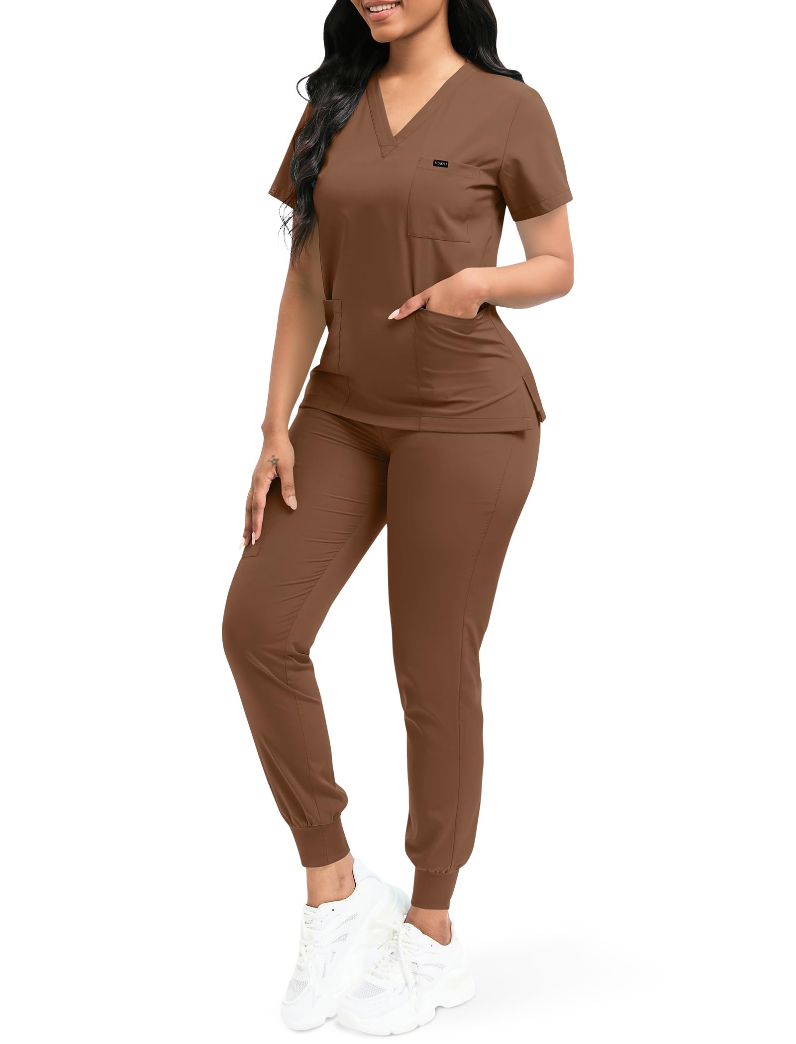 niaahinn Scrubs for Women Set Classic V-Neck Top and Yoga Jogger Pant Medical Nursing Uniform Scrubs Set (Brown, M)