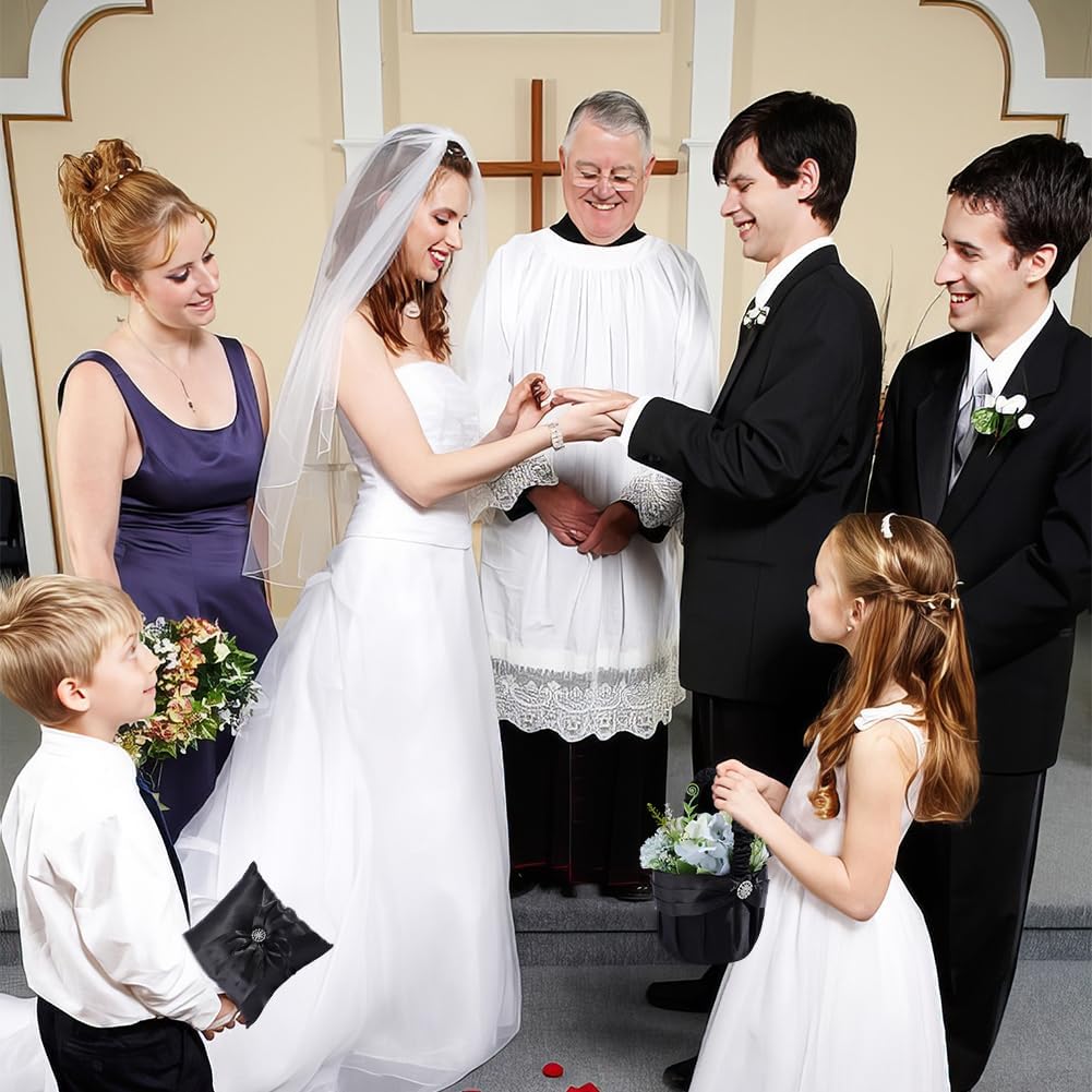 INFUNLY 2 PCS Flower Girl Basket Kit Black Rhinestone Wedding Basket Set 5.1x8.7 Inch Wedding Flower Baskets with Wedding Ring Bearer Pillow Floral Baskets Proposal Fairy Decor for Engagement Party