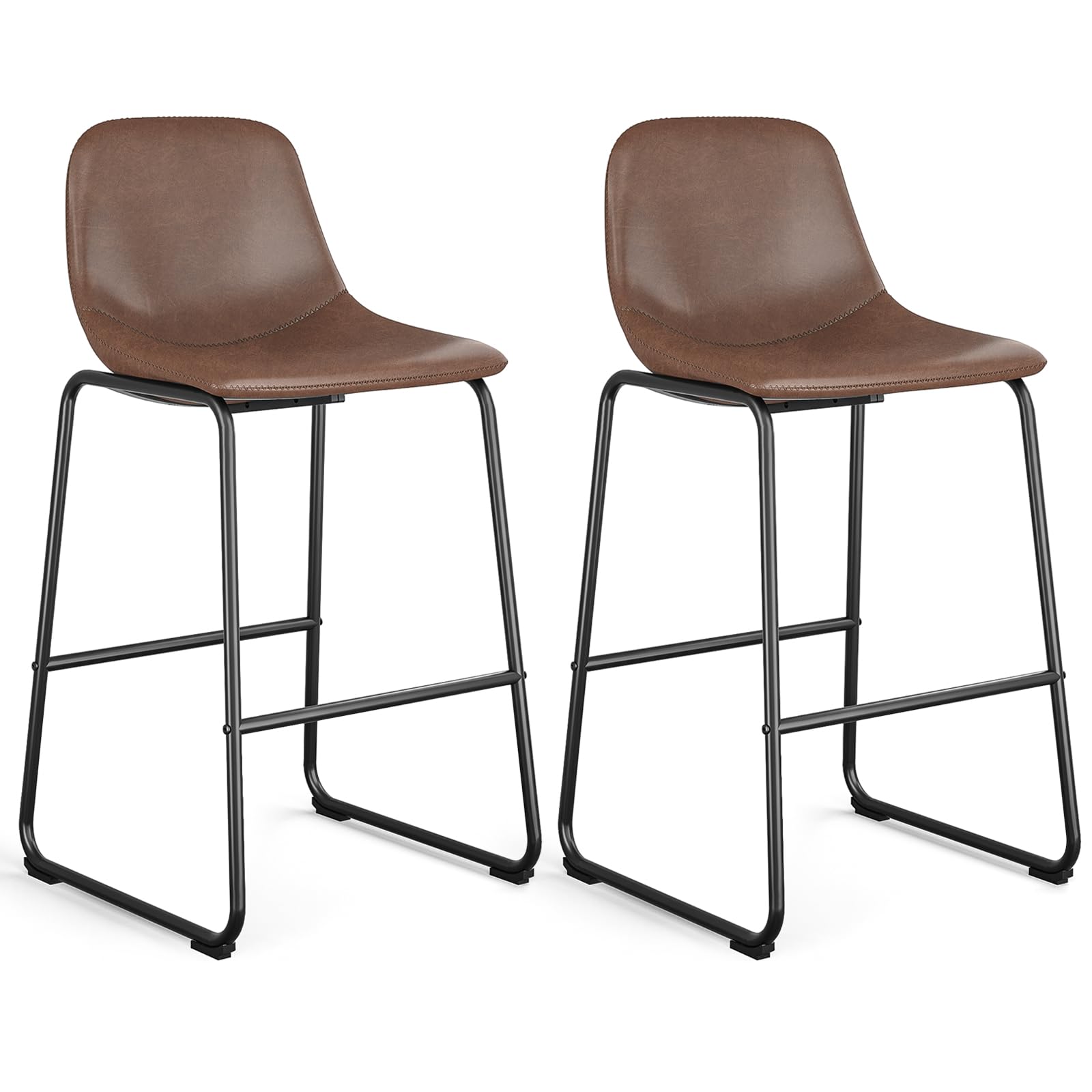 Rfiver Pu Faux Leather Bar Stools Set of 2, Industrial Pub Barstools with Back and Footrest, Modern Armless Bar Height Stool Chairs (Brown, 30" Barstool x2)