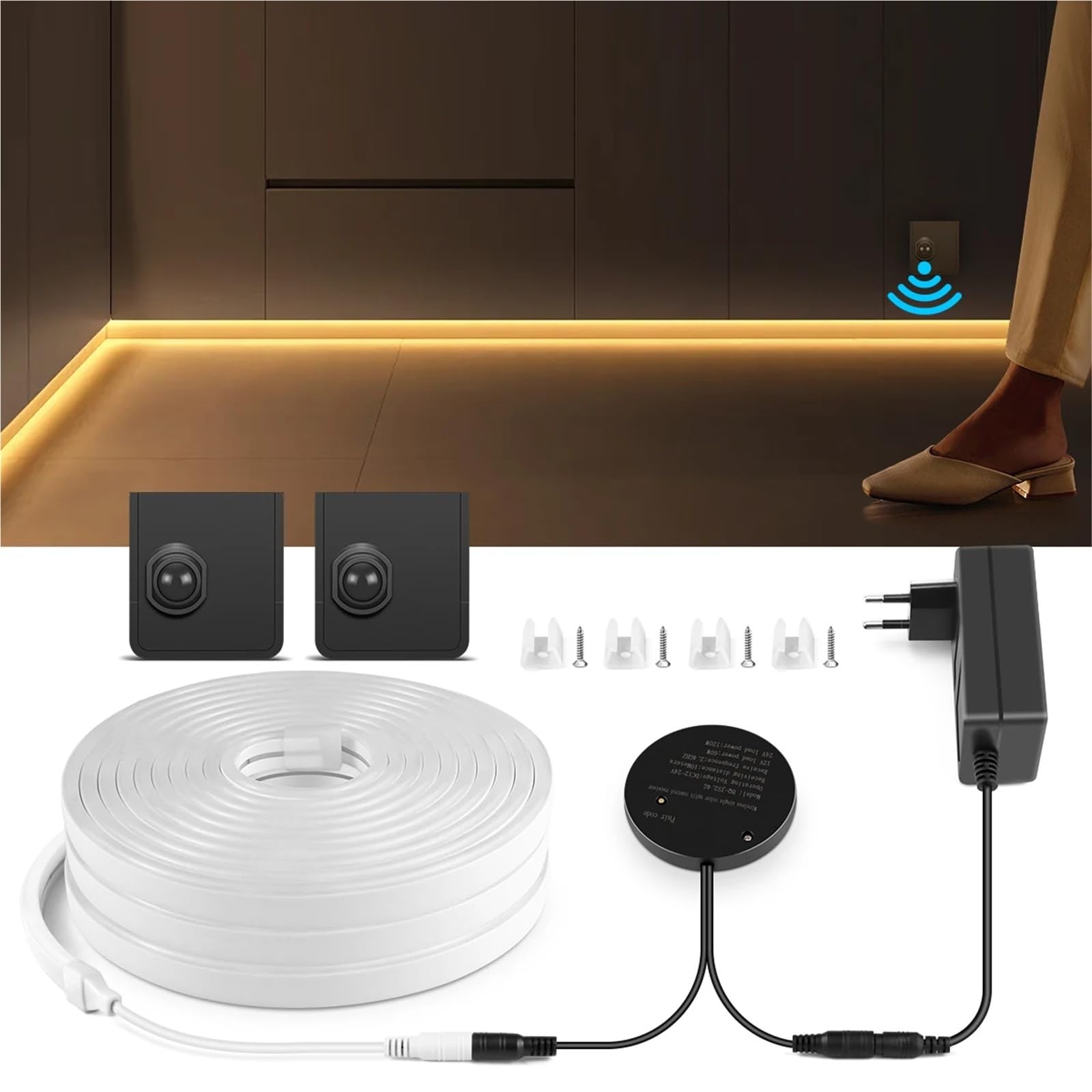 Smart Dual Sensors Motion Sensor Switch DC 24V Neon Light LED Strip 2m 5m 10m for Bathroom Bedroom Stair Night Lamp(White,10m)