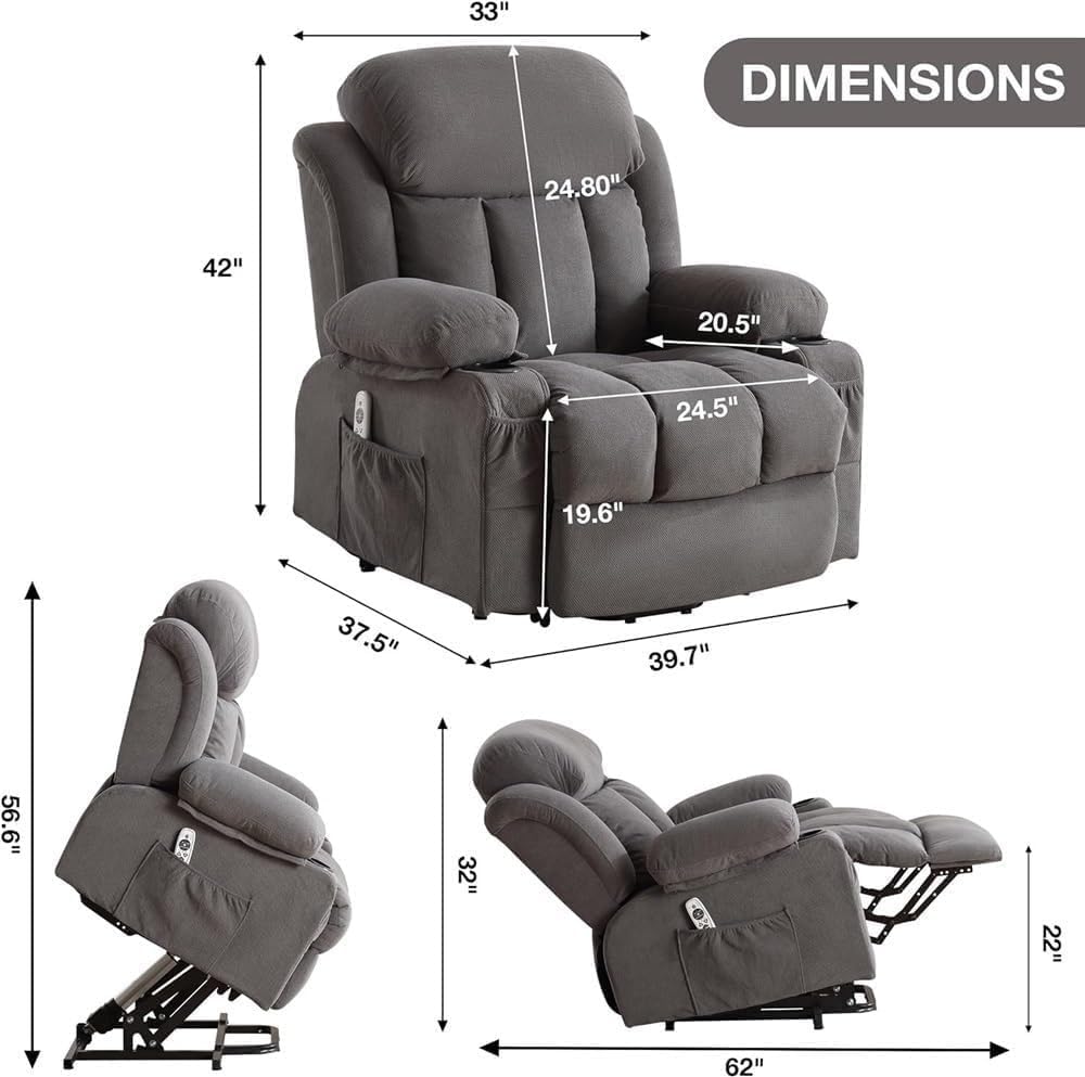 Electric Power Lift Rocker Recliner Chair for Elderly Adults with Heat and Massage Ergonomic Recliner with Extended Footrest and USB Charging Ports for Home Theater Seating