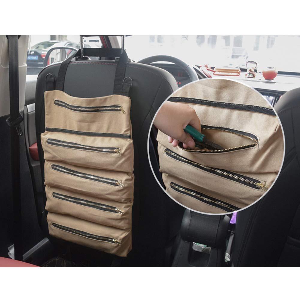 Rollo de herramientas súper roll, bolsa enrollable para herramientas de lona, bolsa multiusos para colgar con cremallera, organizador de respaldo de asiento de automóvil, cubo organizador de 5
