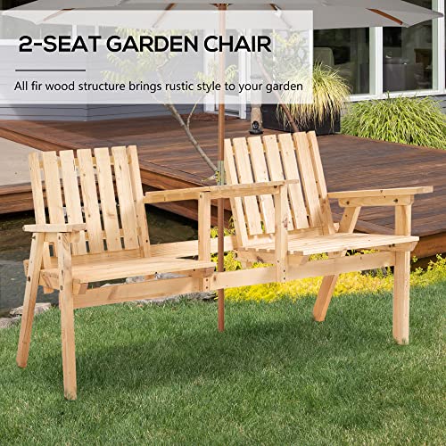 Outsunny Patio Wooden Bench With Middle Table & Umbrella Hole, Outdoor Loveseat With Slatted Backrest And Seat, Armrest Garden Bench For 2 Person, Fits Balcony, Backyard, Natural #TOP3