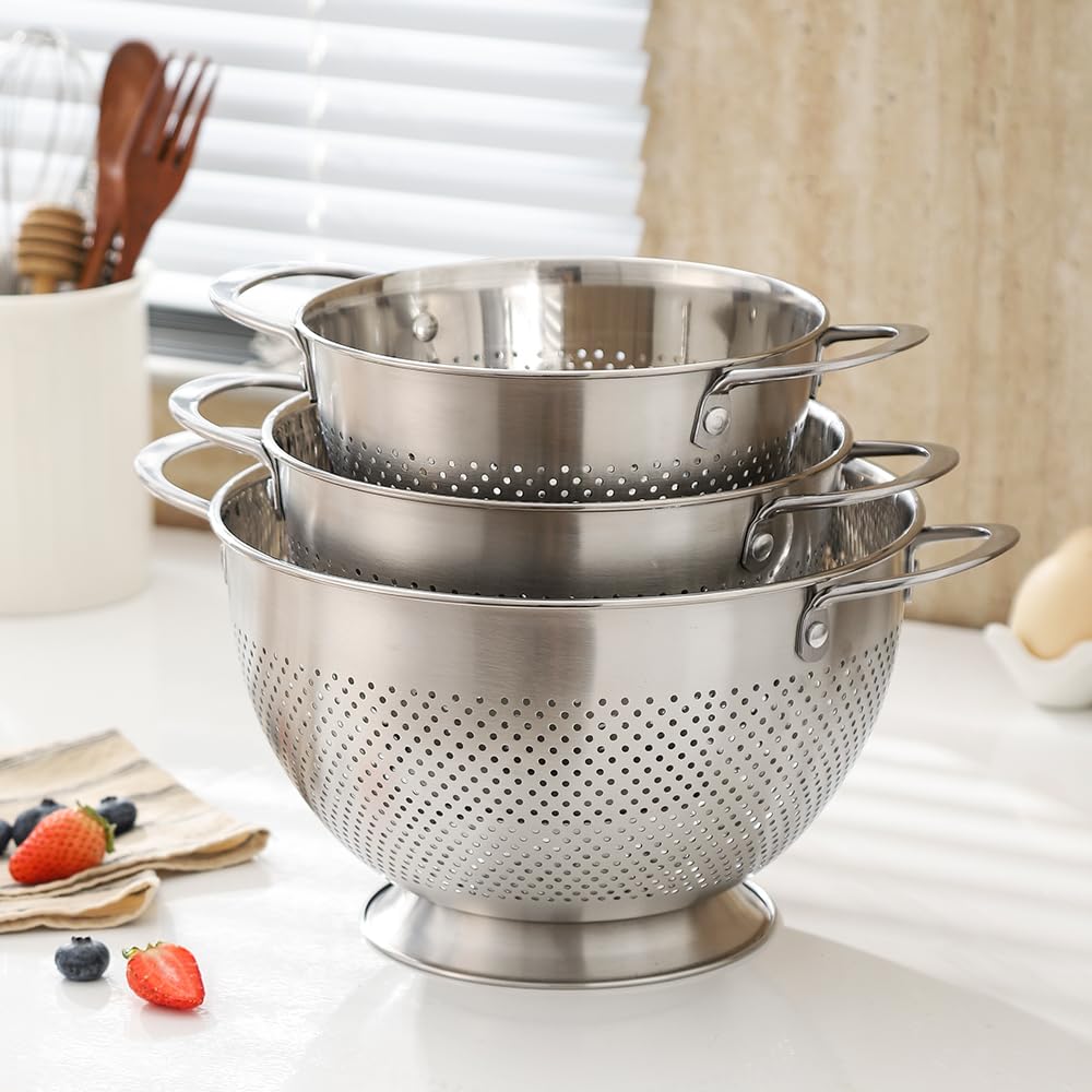 Lot de 3 passoires en acier inoxydable avec poignée 17/19/23 cm pour pâtes et légumes