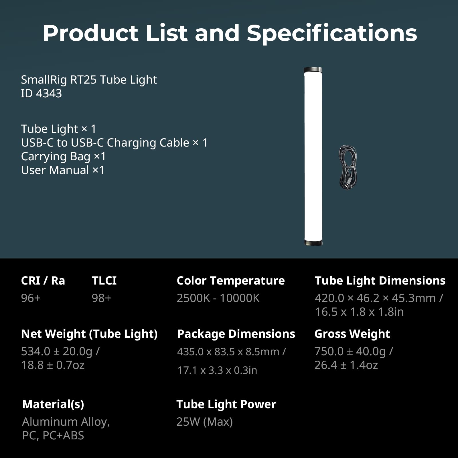 SMALLRIG RT25 RGB Tube Light Stick, Bacchetta Luminosa a LED Portatile RGBWW da 25 W (Max), Barra Luminosa Impermeabile IP54, CRI96+, TLCI98+, 2500-10000K, Illuminazione per Fotografia - 4343