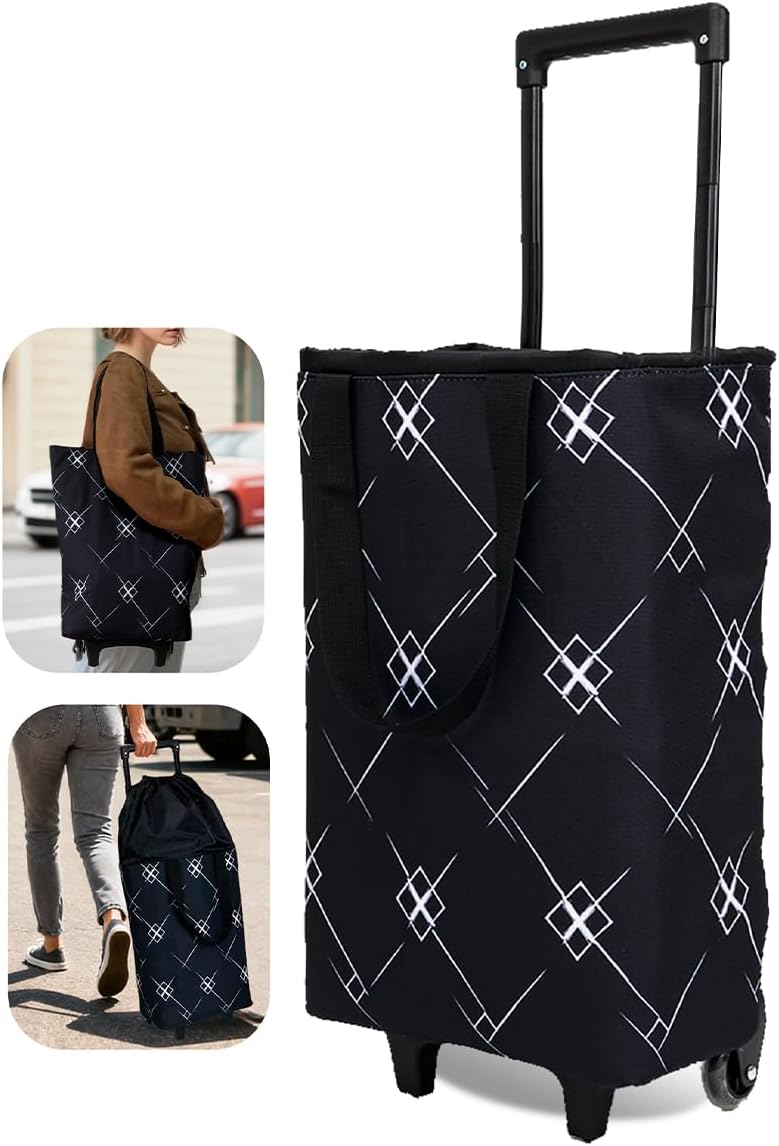 Foldable Rolling Bag, Portable Small Shopping Cart with Wheels, Collapsible Shopping Tote with Stylish Pattern for Market & Grocery Runs–Gift for Women & Seniors, Expandable L, Black