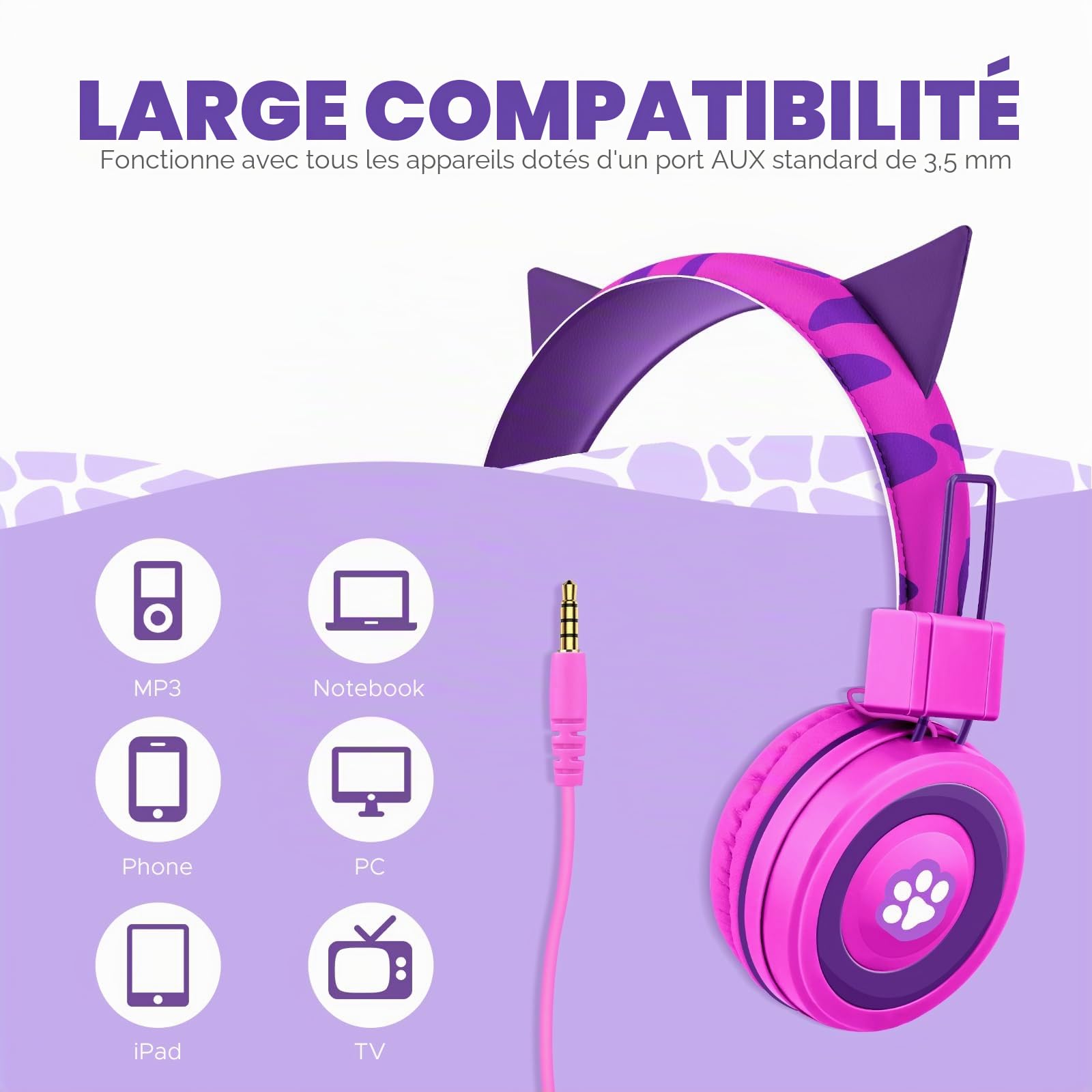 JYPS Écouteurs pour Enfants, Oreilles de Chat Mignon Écouteurs pour Enfants, garçons/Filles filaires, 2-12 Ans réglable Tout - Petits écouteurs, Pliable 3,5 mm Jack Casque pour iPad/Fire Tablet