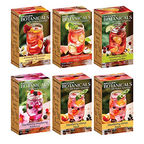 Bigelow Botanicals Cold Water Infusion Variety Pack Tea Bags 18 Count Box (Pack of 6), Herbal Infusion, Caffeine Free, 108 Tea Bags Total