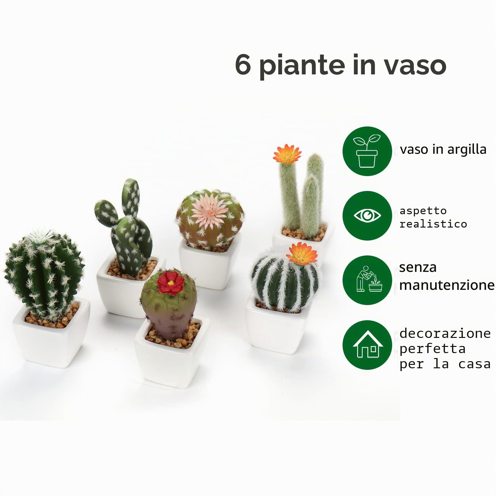 Set di 6 mini piante finte di cactus artificiali in vasi di ceramica bianca assortiti piante grasse artificiali decorative cactus finti per cucina, bagno, scrivania, libreria, decorazione per interni