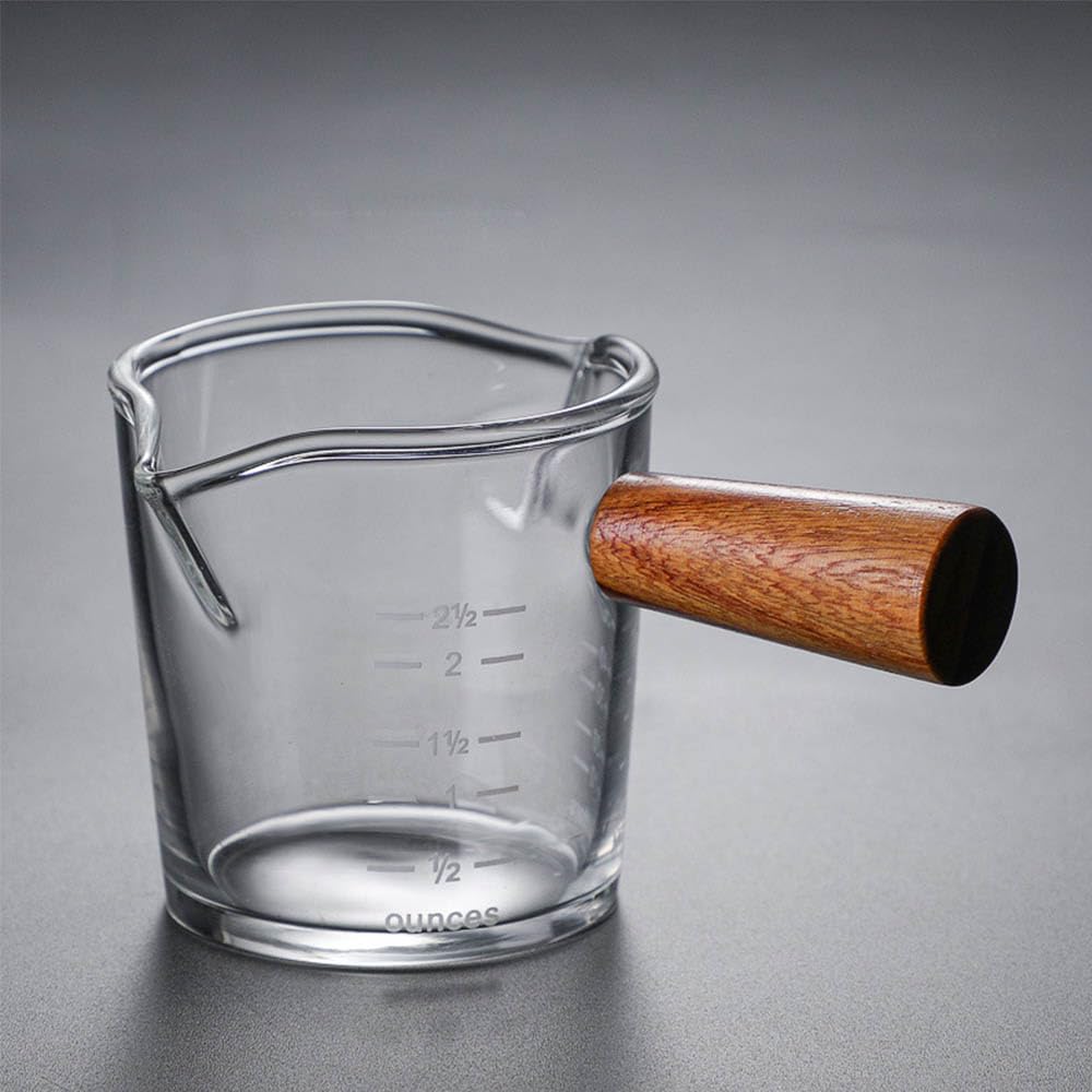 Espresso Glass Pomiar Cup,Espresso Shot Glass,Podwójna wylewka Akcesoria do espresso z drewnianym uchwytem Jako dozownik do kawy Mleko lub Sos
