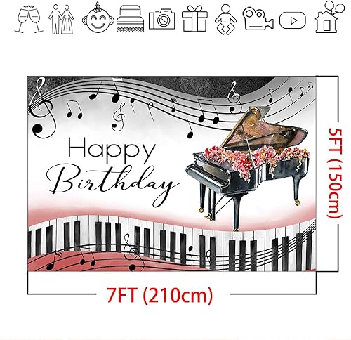 Miniatura 4 de Mocsicka Fondo de cumpleaños de piano, tema musical, decoraciones de cumpleaños, notas de piano, teclas, suministros de fiesta de cumpleaños,