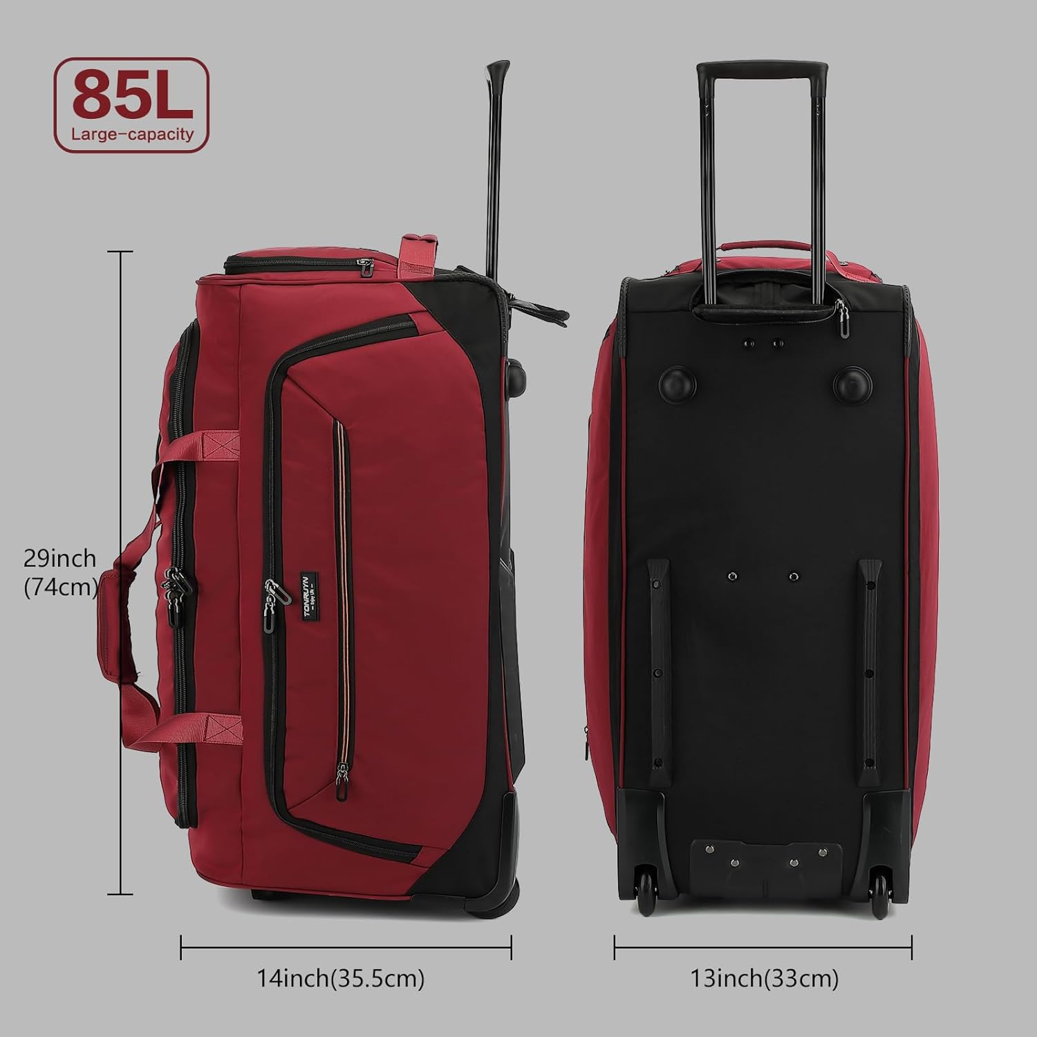 Large Rolling Duffle Bag with Wheels and Handle 85L 29 inch Travel Duffel Bag for Men Women with Shoe Compartment & Wet Pocket, 2 Wheeled Checked Luggage for Business Travel Long Trips, Red