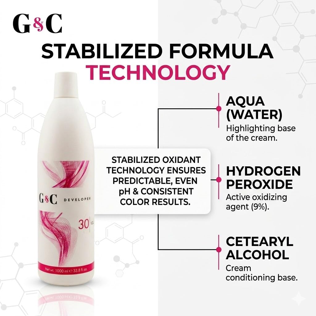 Gel and Cream 30 Volume Professional Lightening System Peroxide Developer with Collagen. Ideal for sensitive scalps, it offers 33.8oz/1lt (Pack of 2). Ensures consistent results with gentle care
