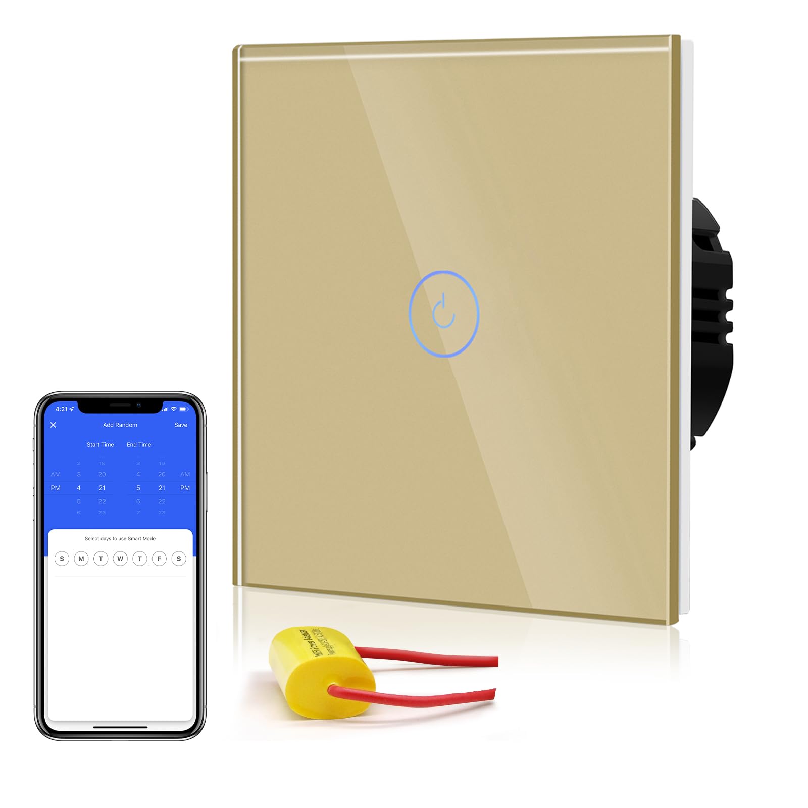 BSEED Smart Light Switch,Wifi Touch Wall Switches With Glass Panel,LED Lights,Work with Alexa/Smart Life App Control,Without Neutral Wire,1 Gang 1 Way,86mm Gold