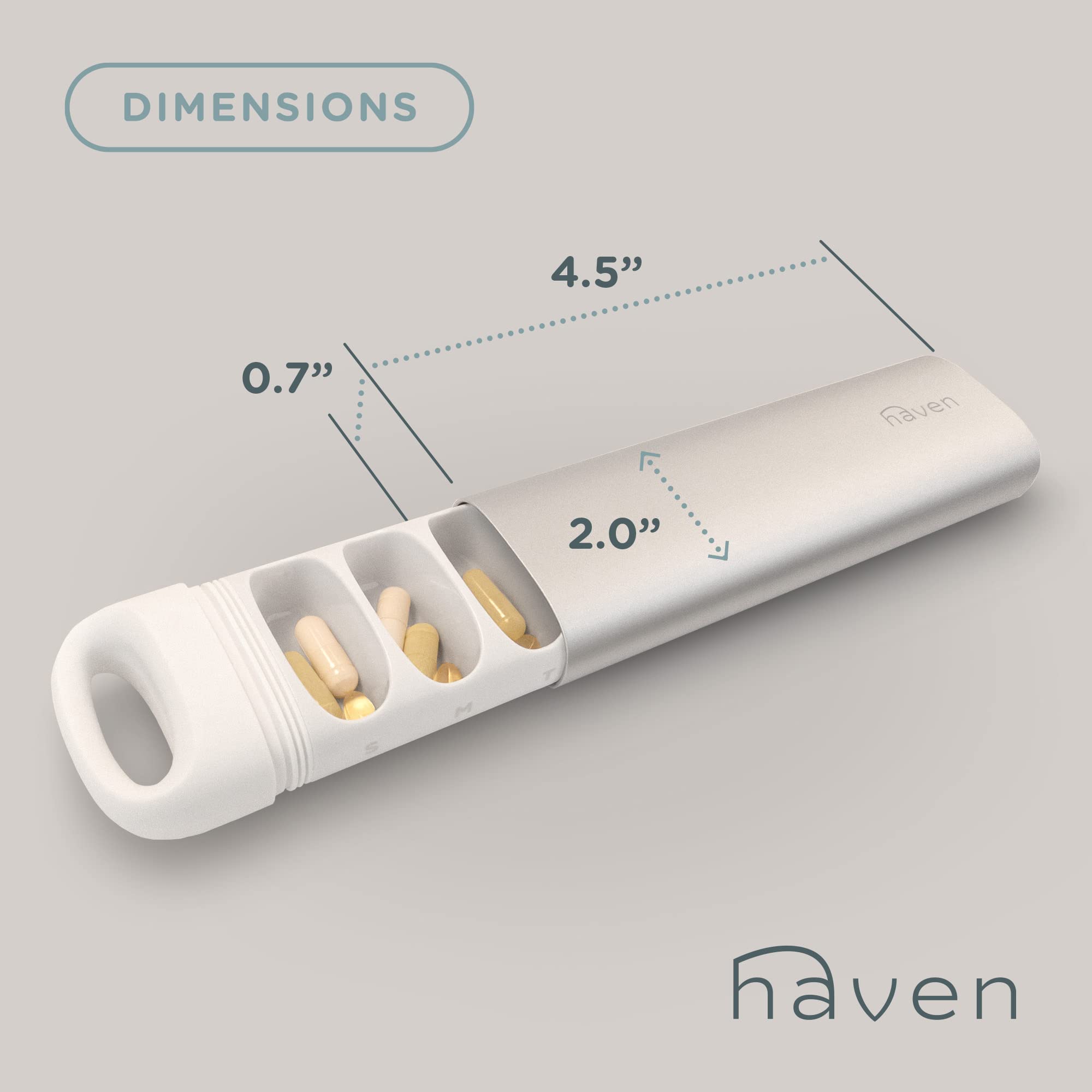 Haven - Pastillero semanal duradero (7 días) para el hogar y los viajes, pastillero para medicamentos y suplementos vitamínicos (plata)