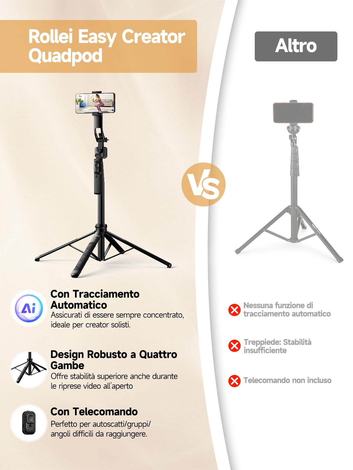 Treppiede con Tracciamento Automatico, Rollei Auto Tracking Tripod Selfie Stick 163 cm Rotante 360 per Smartphone con Luce e Telecomando per Tiktok Vlog, Treppiede-Smartphone-Bastone-Selfie-Stick