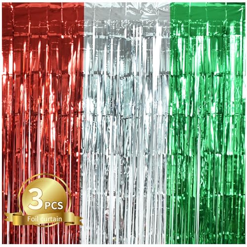 Image of TONIFUL 3Pcs Red Silver Green Door Streamers,Photo Booth Backdrop Metallic Streamers Foil Fringe Curtains for Birthday,Christmas,New Year,Bachelorette,Grad Party Streamers Decor(9.9ft x 6.6ft)
