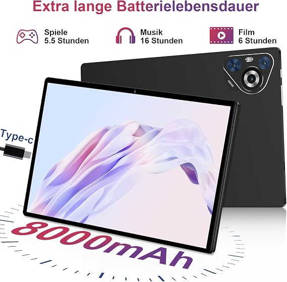 Tablet 11 Inch Tablet Android 14 24 GB RAM + 256GB ROM (1TB TF) 8000 mAh Tablets 5G WiFi/Octa Core 2.0Ghz/Widevine L1/Face ID/Bluetooth 5.0/5MP+13MP/Tablet with Case - Black