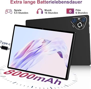Tablet 11 Inch Tablet Android 14 24 GB RAM + 256GB ROM (1TB TF) 8000 mAh Tablets 5G WiFi/Octa Core 2.0Ghz/Widevine L1/Face ID/Bluetooth 5.0/5MP+13MP/Tablet with Case - Black