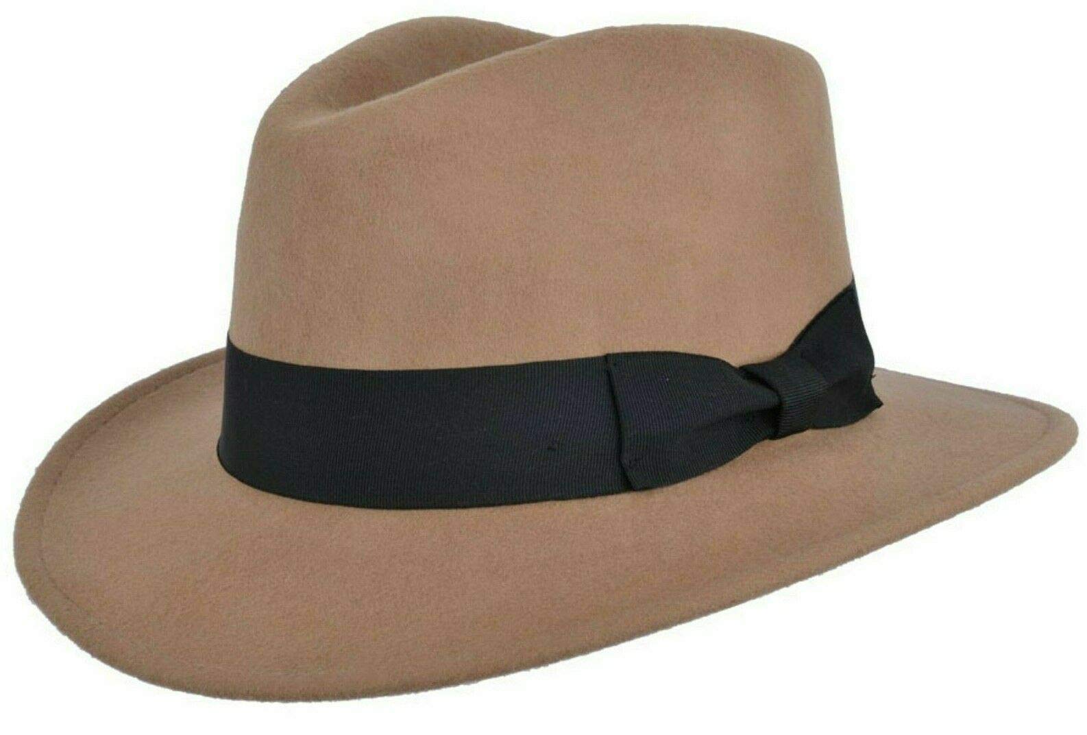 Uk-Unique Wear Men's Camel Hand Made Crushable Felt Fedora Hat 100% Wool Elegant Gents Hat With Wide Band Indiana Style (, Large =59 Cm)