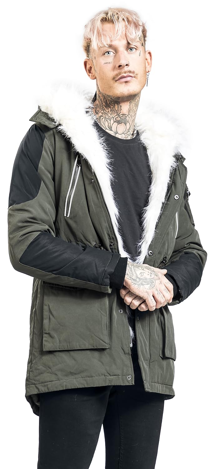 Black Premium by EMP Hombre Chaqueta de invierno verde oliva con cuello de piel sintética