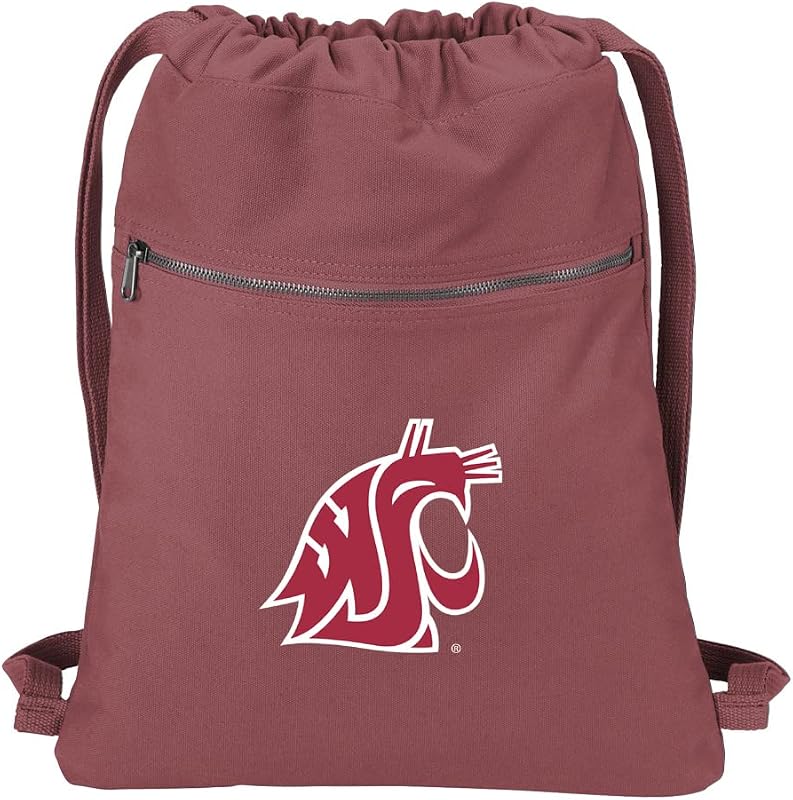 Broad Bay Washington State Drawstring Backpack | Premium Cotton Canvas, Official Washington State Cougars Logo, Secure Zippered Pocket, Wide Shoulder Straps,