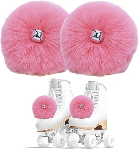 HOMU 2 pompones de patín con pompones de piel sintética para niñas y mujeres, con cascabeles y rodillos, con pompones y pompones de piel sintética,