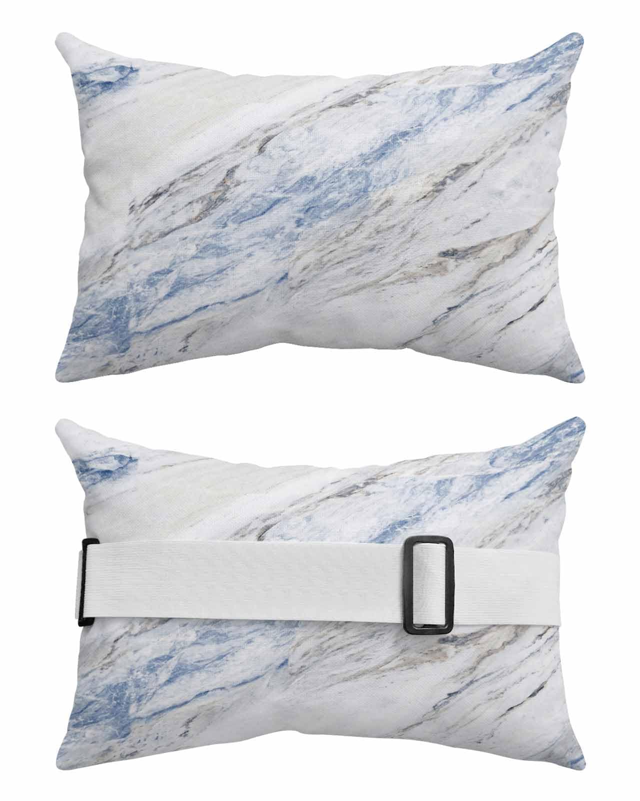 AMZRicher Blue Marble Outdoor Waterproof Pillows for Recliner Chaise Lounge Chair, Modern Abstract White Grey Aesthetics Art Lumbar Pillows with Inserts & Elastic Band for Patio Beach 2 Pack-11x16 in
