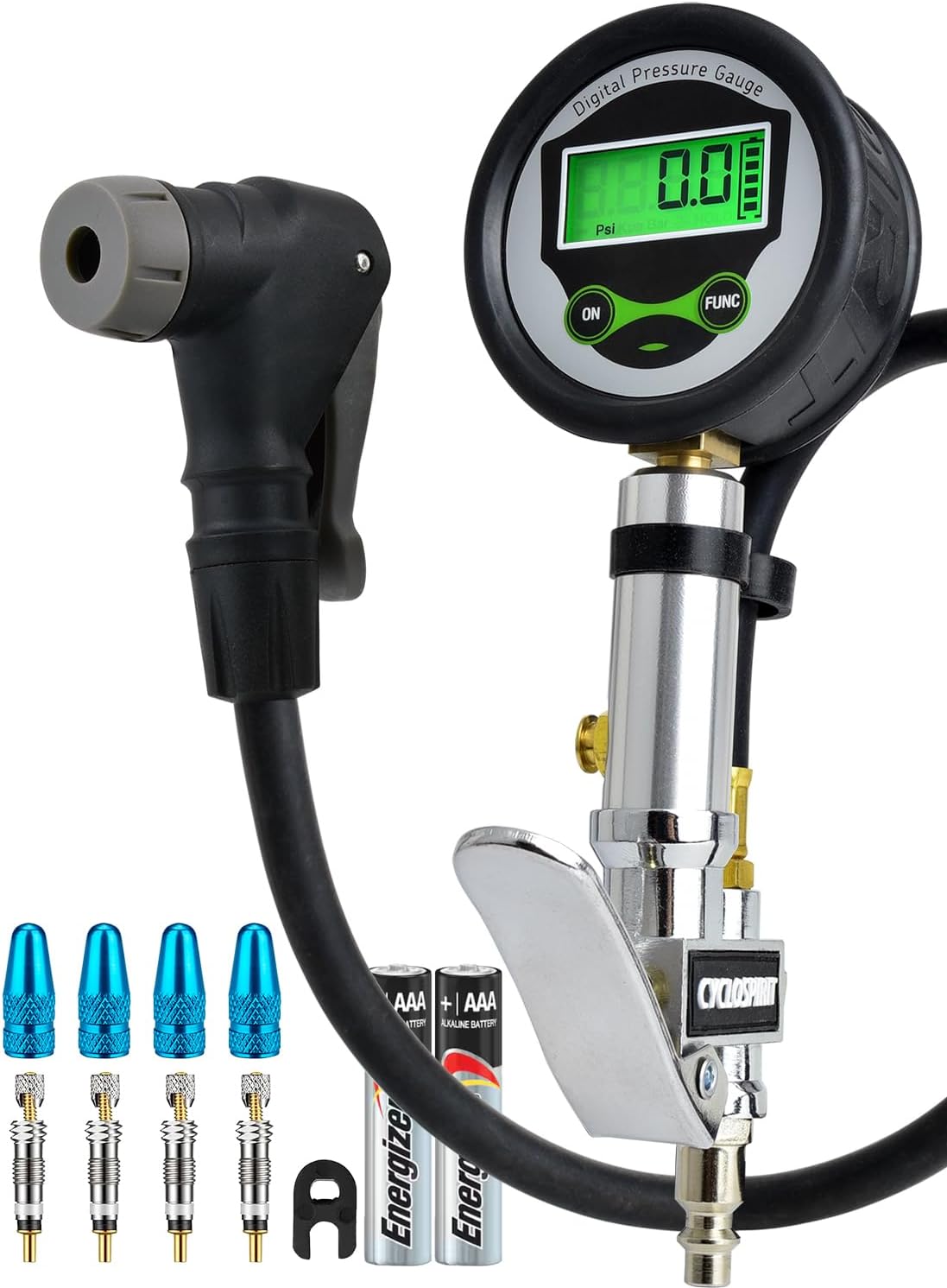 Digital Bicycle Tire Inflator Gauge with Auto-Select Valve Type - Presta and Schrader Air Compressor Tool | A bike compressor attachment for Presta & Schrader valves, tubeless setups and quick inflation with spare cores and caps.