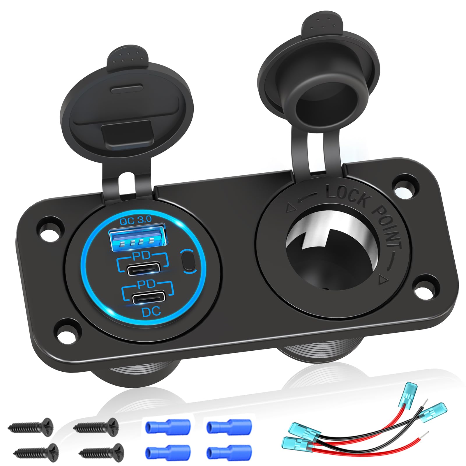 Cigarette Lighter Socket Qidoe 12V Splitter Panel 78W 12V USB Outlet Dual USB C PD&QC3.0 Car Charger Socket ON/OFF Switch Waterproof 300W power cigarette USB Adapter for Car Marine RV