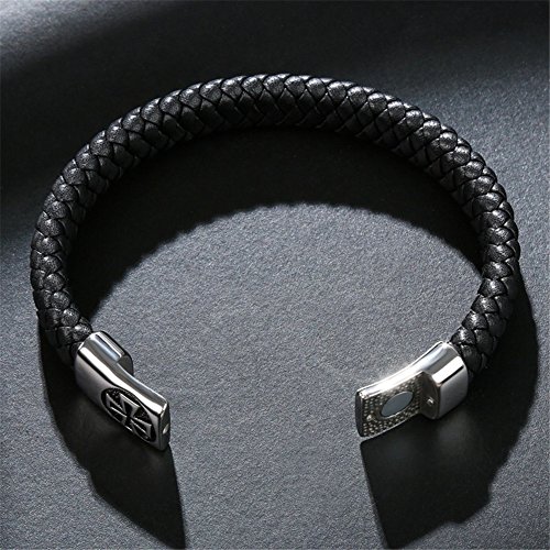 LiFashion LF Mens Stainless Steel Genuine Braided Leather Wristband Knights Templar Malta Christ Cross Leather Cuff Bracelet Bangle for Him Christian Holy Jewelry,20cm