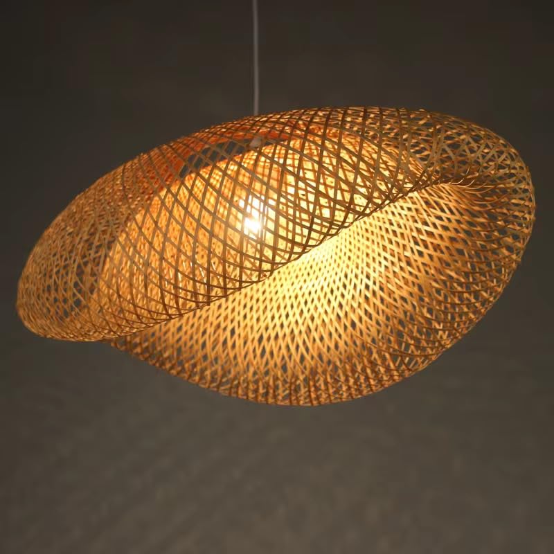 Image of Boho Woven Rattan Disc Pendant Light|Decorative Wooden Handwoven Hanging Lamp for Dining, Cafe & Living Room Decor