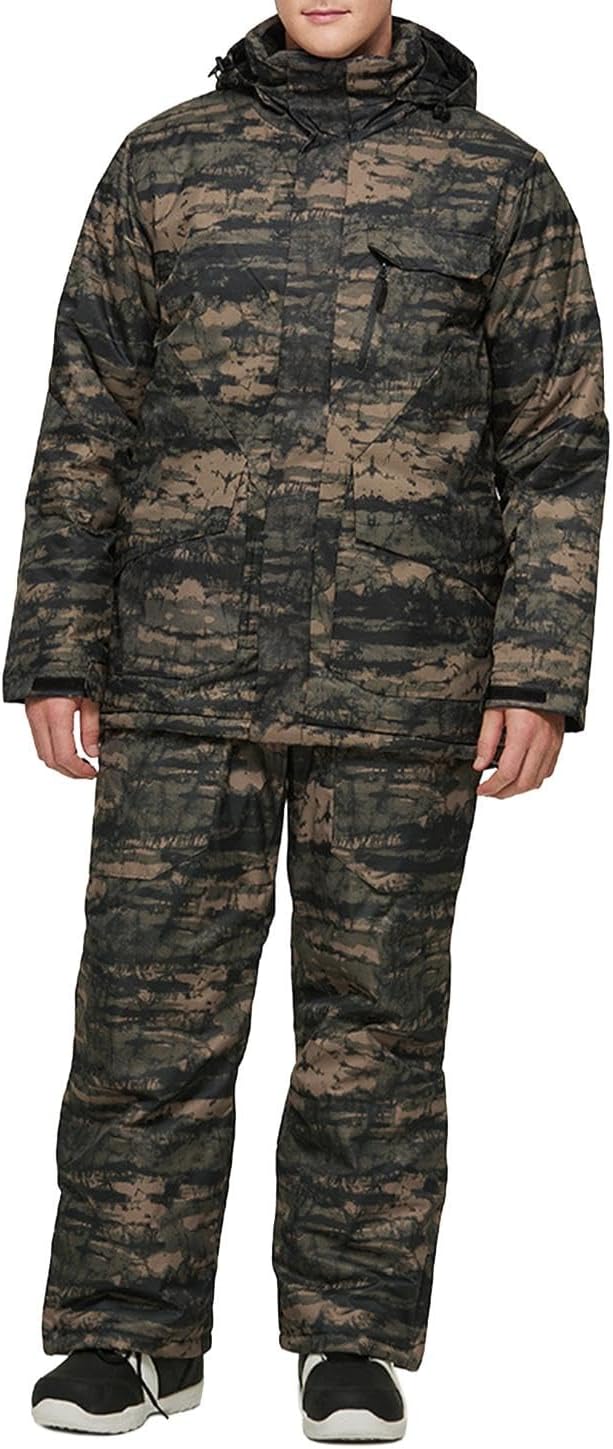 Men's 2 Piece Camo Ski Suit Waterproof Insulated Hooded Jacket and Cargo Pants Set Windproof Warm Winter Snow Outfit