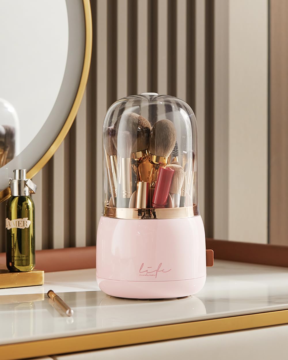 Lebenrich Rotating Makeup Brush Holder Organizer with Lid, Pink Spinning Brush Holder Makeup Organizer with Clear Cover, Acrylic Cosmetics Make Up Brushes Storage Cup Container for Vanity
