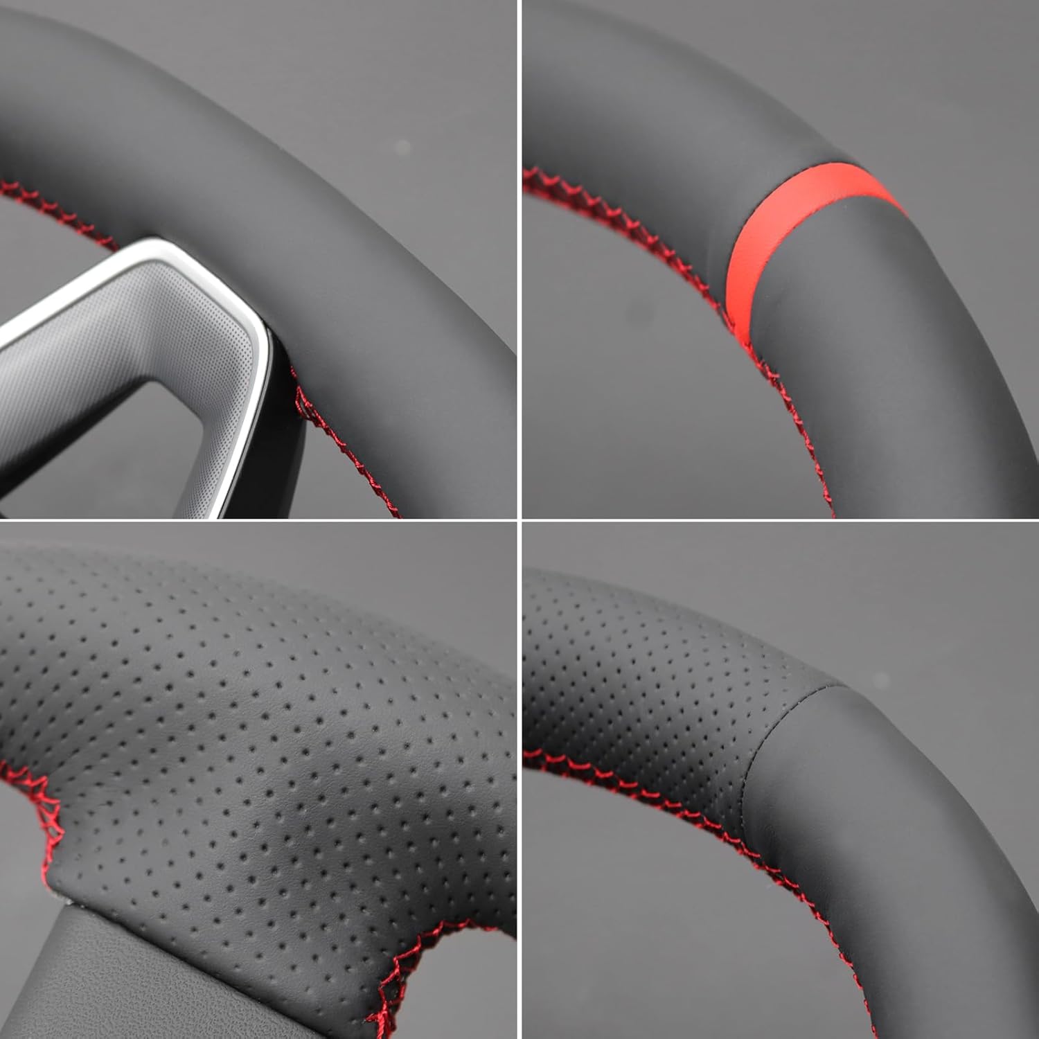 MEWANT Hand Stitched Matte Carbon Real Leather Steering Wheel Cover Wrap for Tesla Model 3 Highland 2023 2024 2025 Steering Wheel Accessories Red Marker