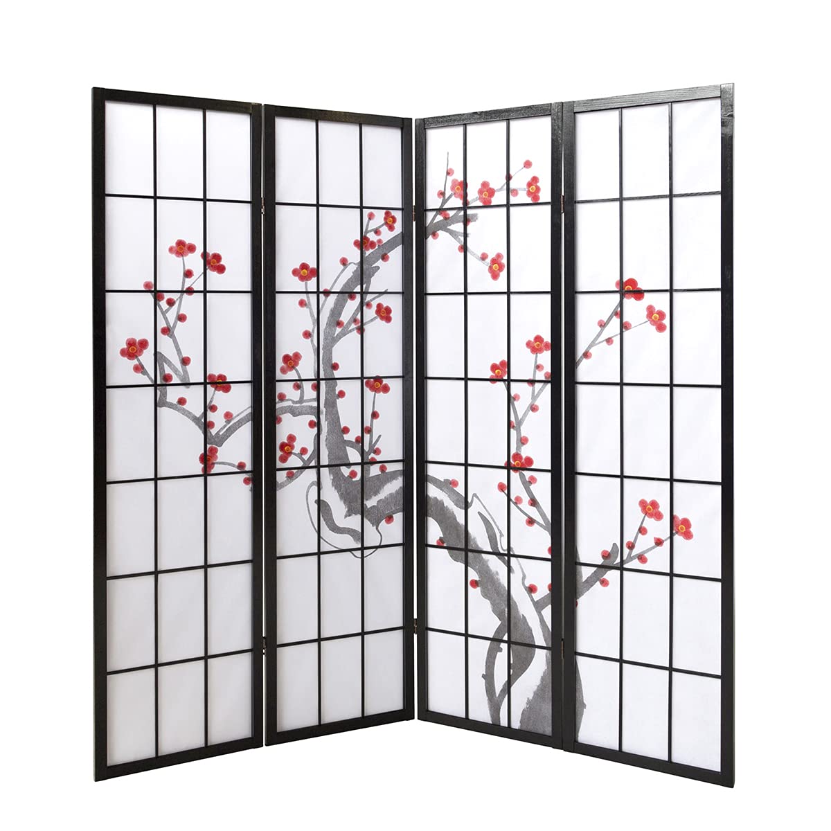 Paravent Japonais Fleur de Cerisier en Bois Noir de 4 pans, L176 x H175 x P2 cm -PEGANE-
