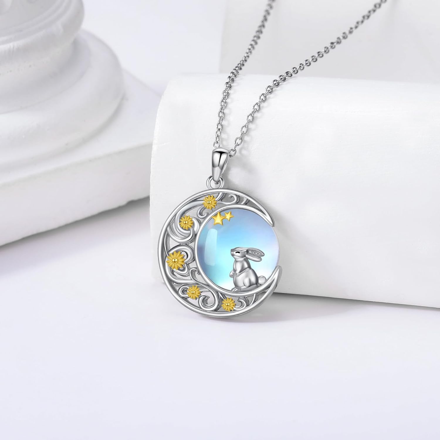 Moonstone Necklace Genuine Rainbow Moonstone Pendant 925 Sterling Silver Dainty Animal Theme Bunny/Black Cat Necklace Birthday Anniversary Christmas Jewelry Gifts for Women - Image 3