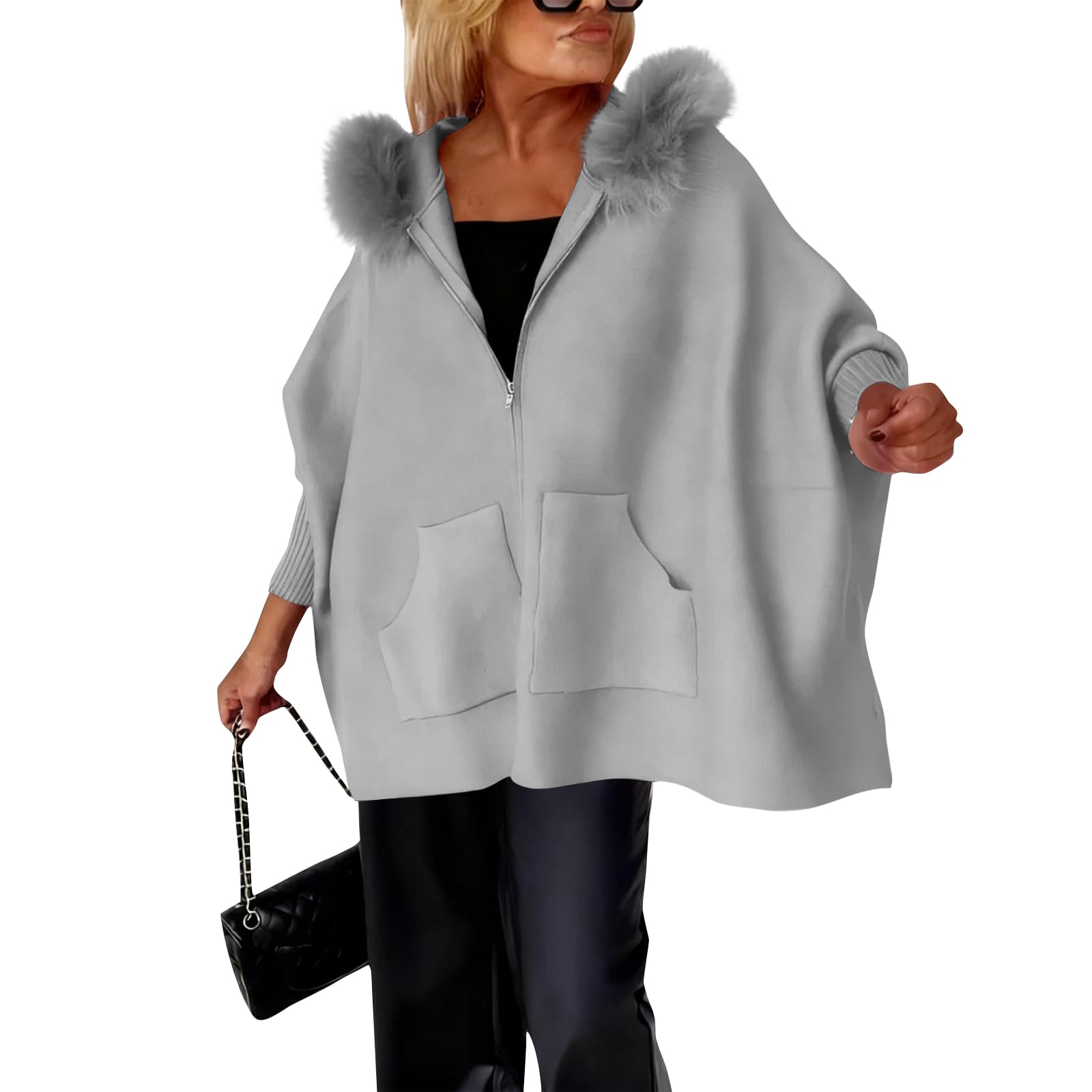 Generisch Kapuzenjacke Damen Oversize Strickjacke Fellkragen Übergangsjacke
