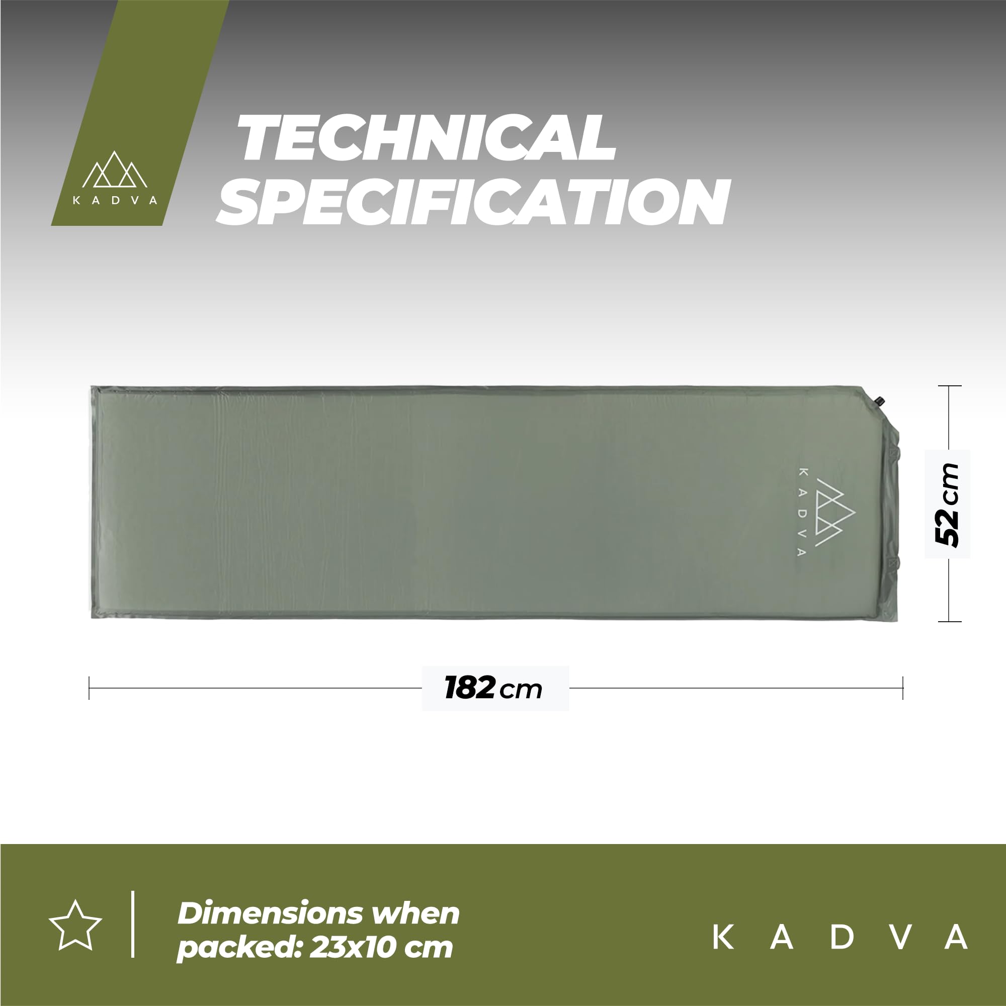 KADVA Colchoneta Autoinflable Aero Cómoda Ligera y Duradera Colchoneta Ideal para Acampadas y Senderismo Capa Exterior 100% Poliéster Capa Interior 100% Poliuretano 182x52 cm Color Plata|Negro