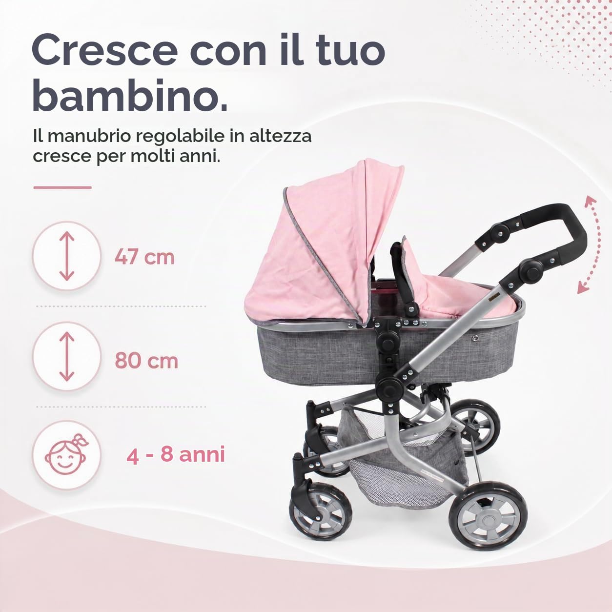 Bayer Chic 2000 - Passeggino per bambole Mika, 2 in 1 per bambini dai 4 agli 8 anni, grigio melange rosa, 73 x 41 x 82 cm