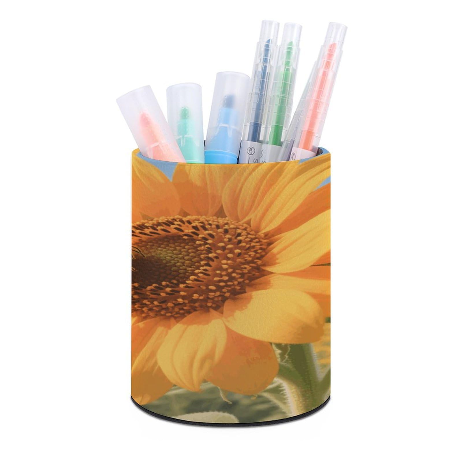 VstaDank Bee on A Sunflower Pen Holder Round Pencil Holder for Desk Organizer PU Leather Pencil Cup Makeup Brush Holders Modern Pen Cup Large Pen Organizer for Office Home Ideal Gift