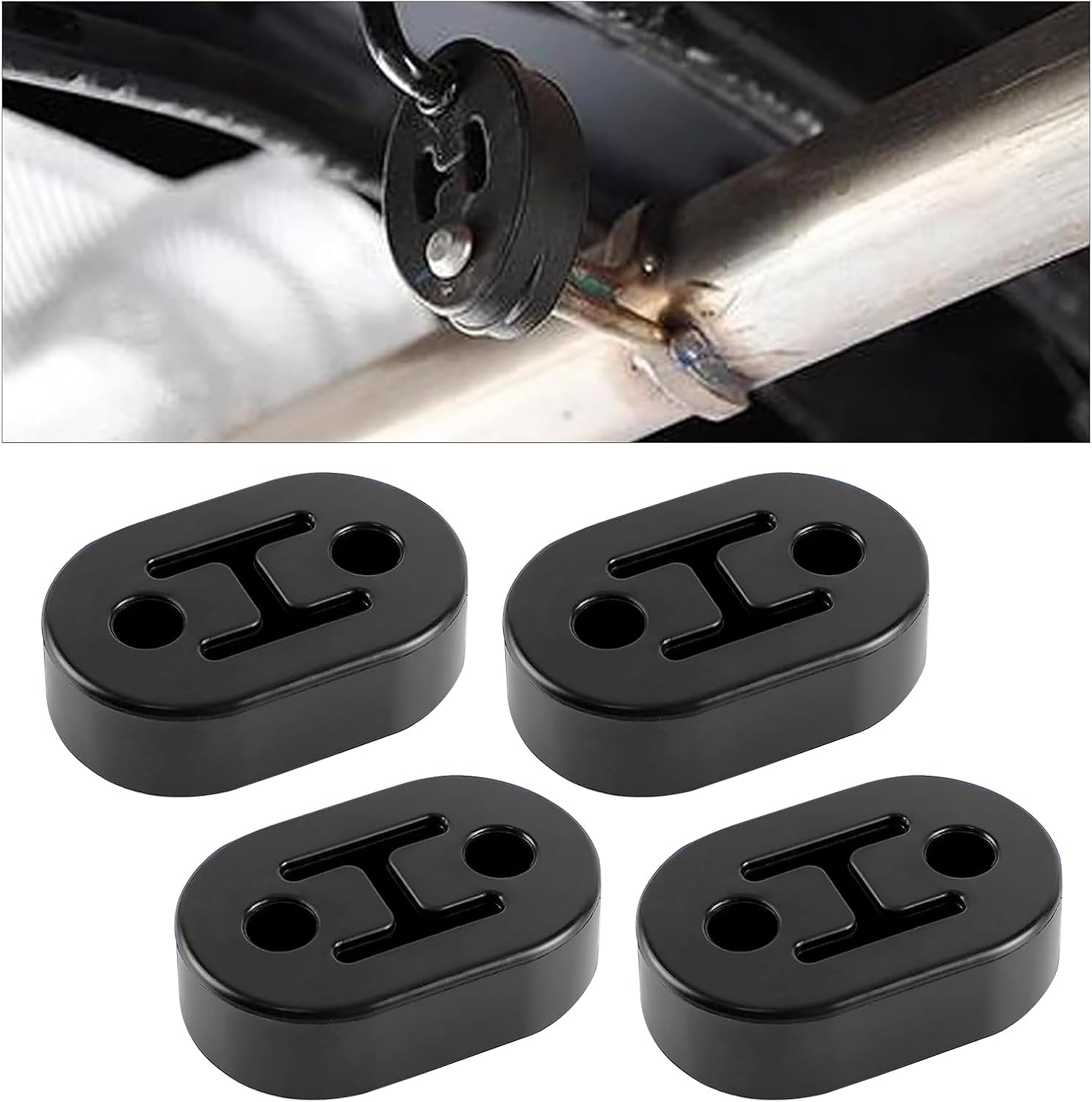4 PCS Car Exhaust Pipe Support Bracket, Rubber Two-hole Shock-absorbing Muffler Suspension Lugs, Muffler Lifting Ear Modification Aaccessories, Compatible with Trucks, Cars, and SUVs (Black)