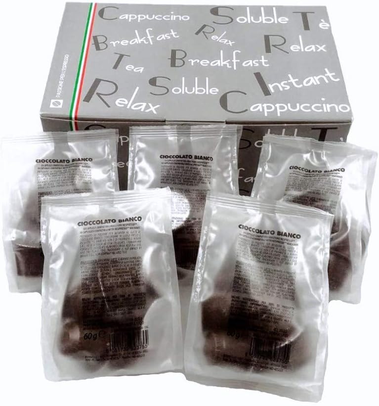 Bonini Coffee Pods, Nespresso Compatible Hot White Chocolate Coffee Pods, 5 Packs Coffee Capsules/Pods. Each Pack 10 Pods Total 50 Pods. 100% Italian coffee (Smooth and Creamy)