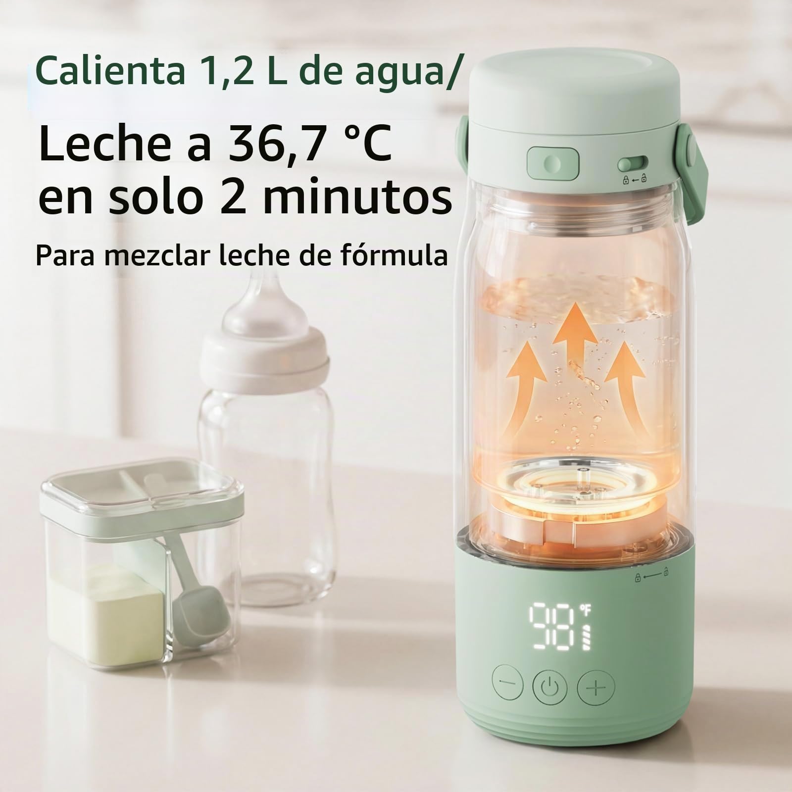 Calentador de biberón portátil, 500 ml, calentador de biberón con 70 °C pasteurización, calentamiento rápido 2 min, calentador de biberón beaba para viajes, acero inoxidable 316L, cerradura de
