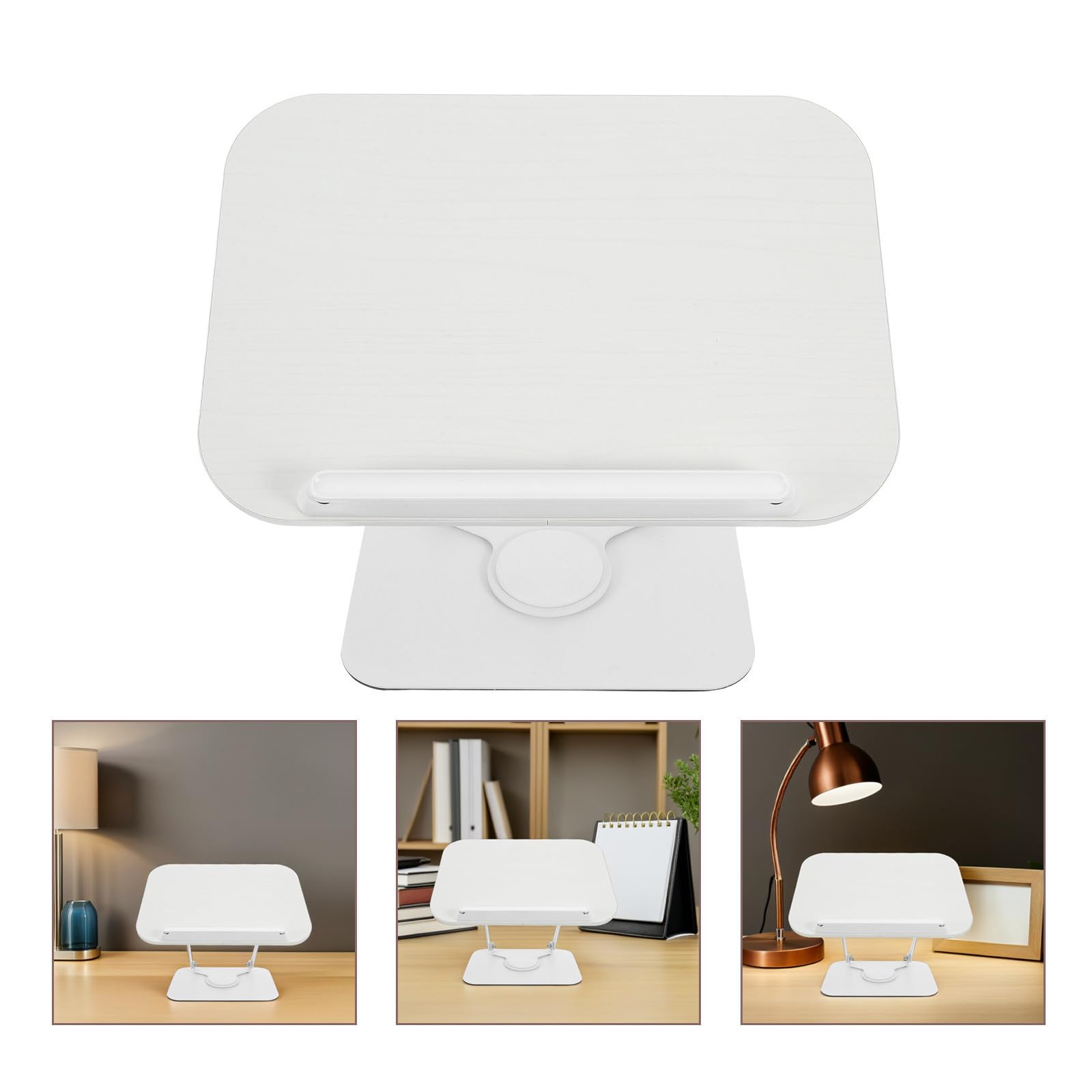 POPETPOP Supporto per Libri da Tavolo Beige in Legno e Acciaio al Carbonio, Portatile con Base Girevole a 360° e Altezza Regolabile, per Scrivania Studio e Presentazioni