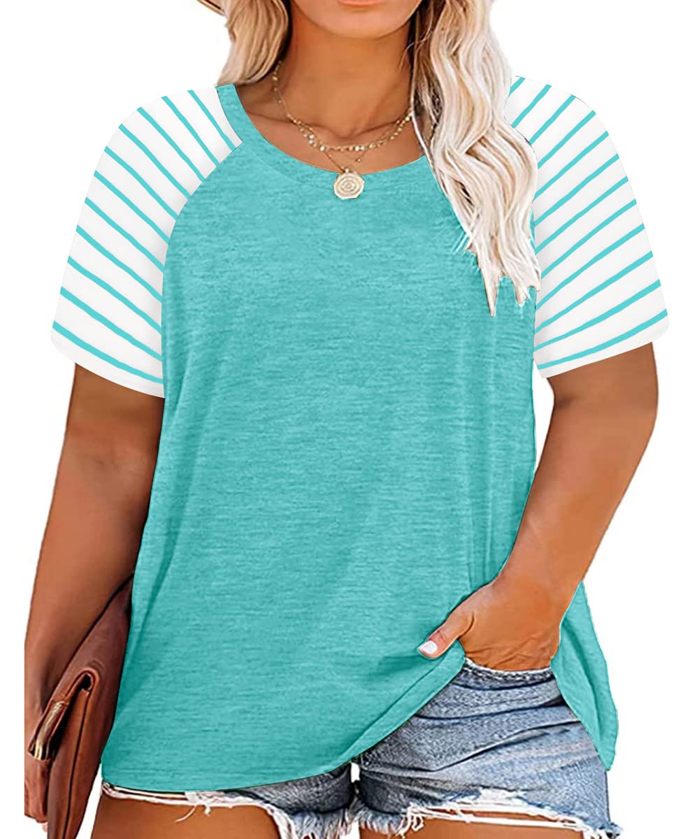 CARCOS Plus Size Tops for Women Short Sleeve Raglan Striped Tee Color Block Crewneck/V Neck Tunic Loose Fit Summer XL-5XL