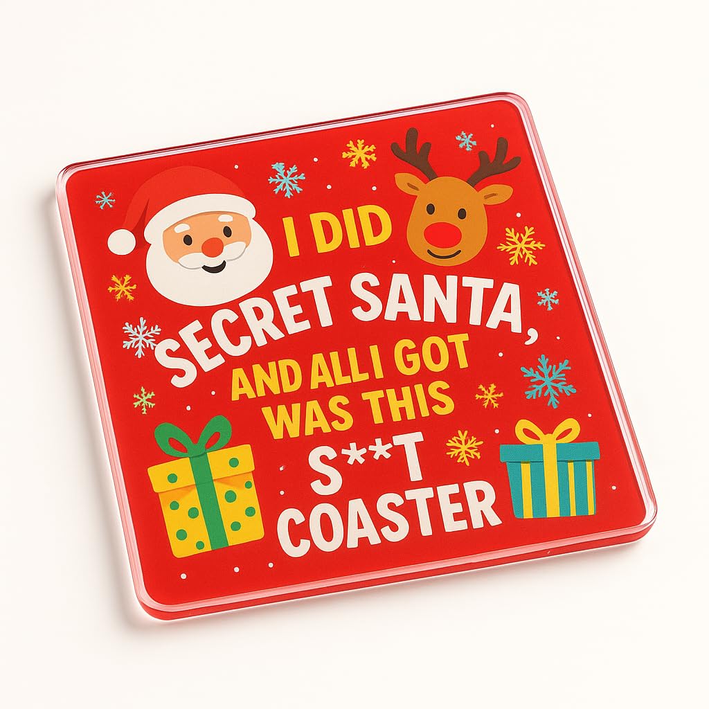 The Plum Penguin Cheerful Secret Gift Acrylic Coaster With Festive Santa & Reindeer Design - Whimsical Christmas Secret Santa Gift For Work Colleagues